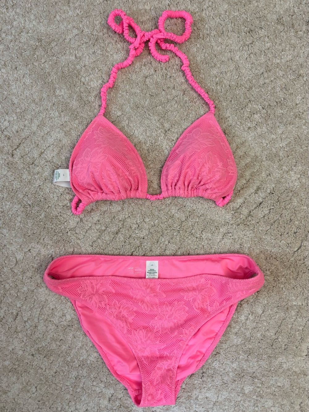aerie Hot Pink Lace Triangle Bikini Set